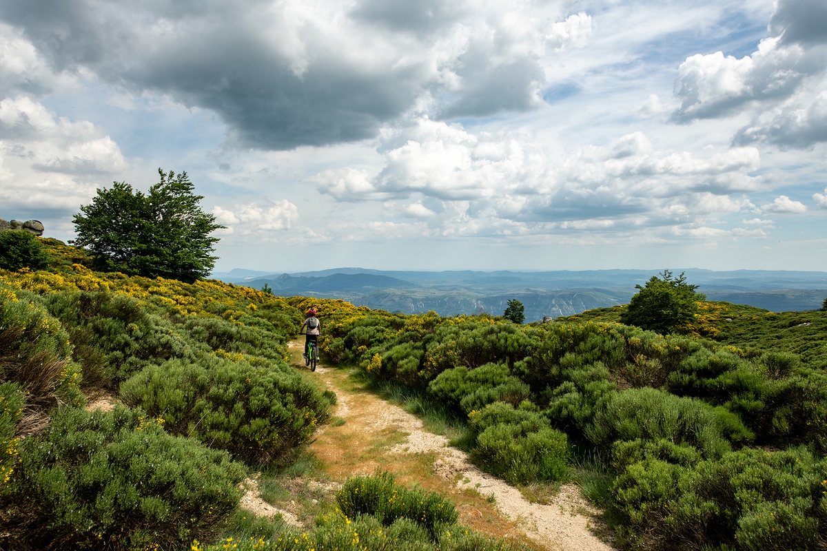 un vététiste s'éloigne sur un sentier offrant une vue panoramique sur les Cévennes